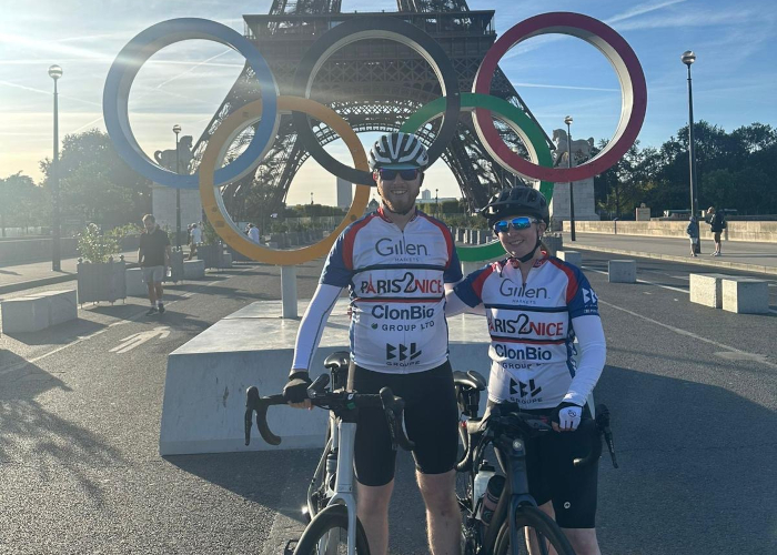Lorraine and her brother Mark at the start of their 700km Paris2Nice charity cycle – riding in gratitude for the care she received